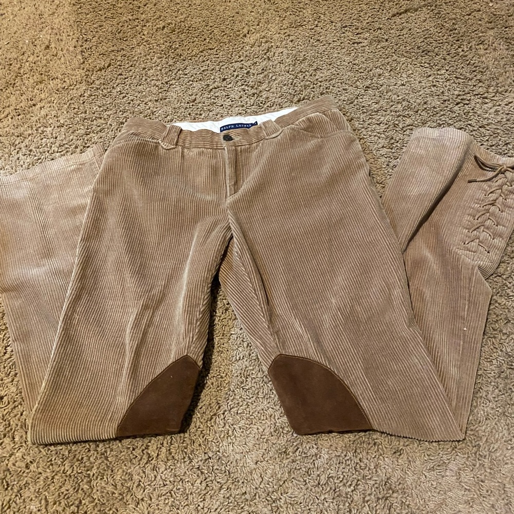 Ralph Lauren Khaki Corduroy Pants, Knee Patches, Drawstring Leg Detail Size 8 - Picture 2 of 10